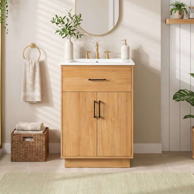 Meuble-lavabo autoportant moderne 24 po avec lavabo en céramique, couleur bois naturel