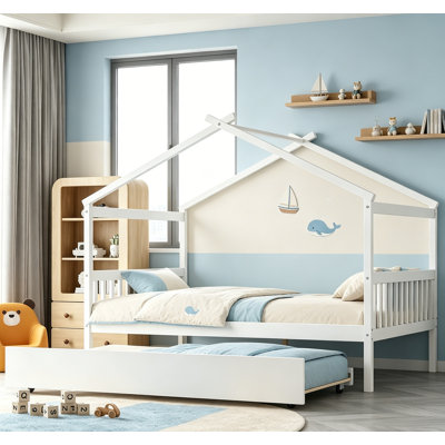 Full Size Wooden House Bed With Twin Trundle, Imaginative Design For Kids, Sturdy And Space-Saving
