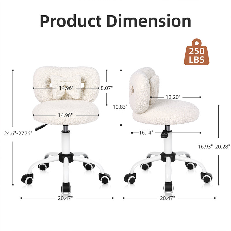 Furniture Desk Chair With Bow Design, Cute Upholstered Swivel Chair With Wheels And Adjustable Height, Small Comfy Armless Chair