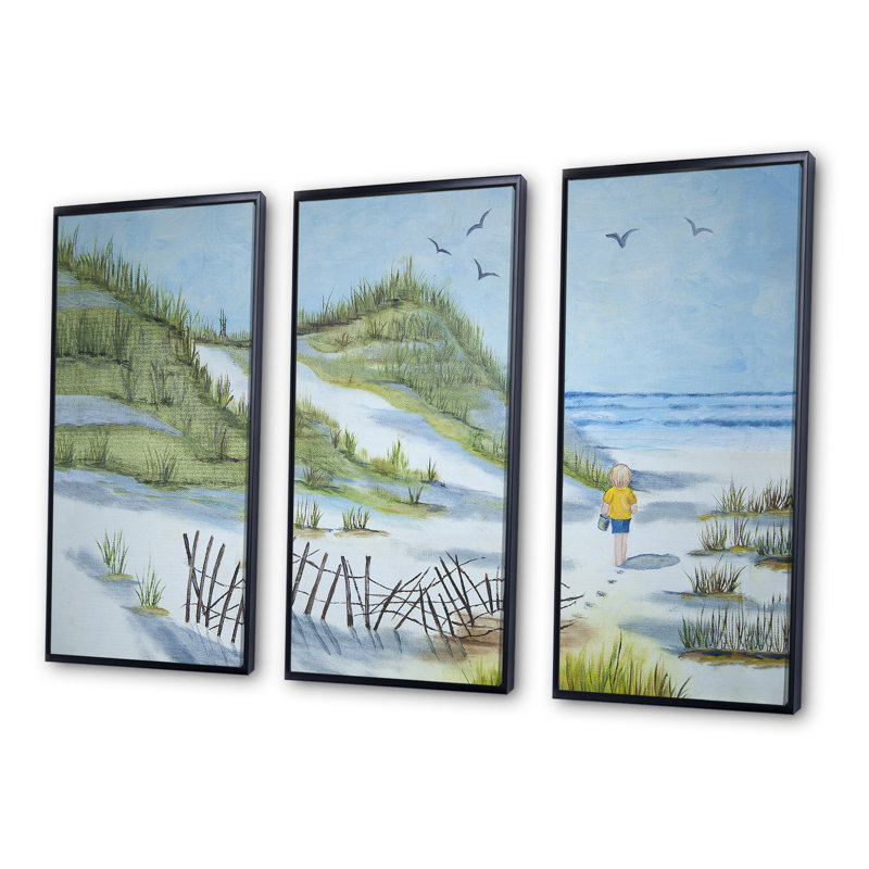 «Child Walking the Beach - Nautical & Coastal», ensemble de 3 toiles encadrées, H 20 po x l 36 po x P 1 po, Noir
