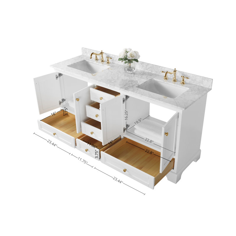 Audrey 66'' W Double Vanity, Carrara White, White | Brushed Gold
