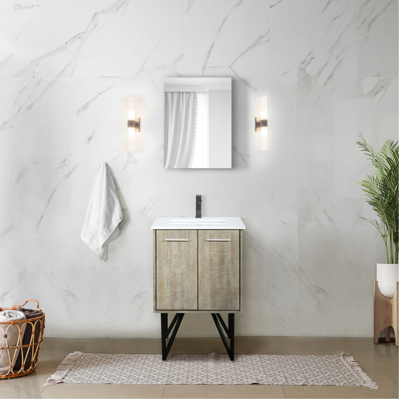 Meuble-lavabo rustique de 61 cm de large, comptoir en quartz blanc, robinet en métal et miroir de 46 cm - Finition teintée résistante aux égratignures