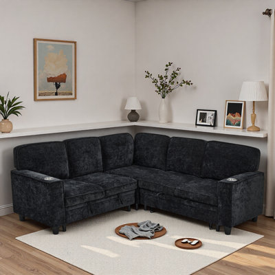 L-shaped Sectional Sofa With Storage Seat, Usb And Cup Holders