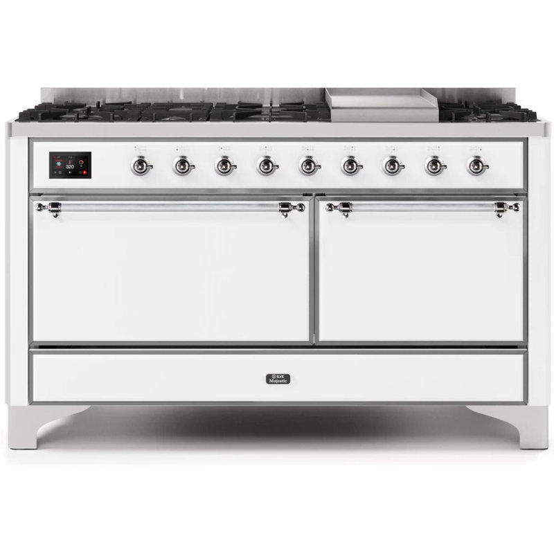 ILVE UM15FDQNS3BKCLP Majestic II 60 inch Dual Fuel Range with 9 Burners, Griddle (Liquid Propane, Solid Door, Glossy Black, Chrome)
