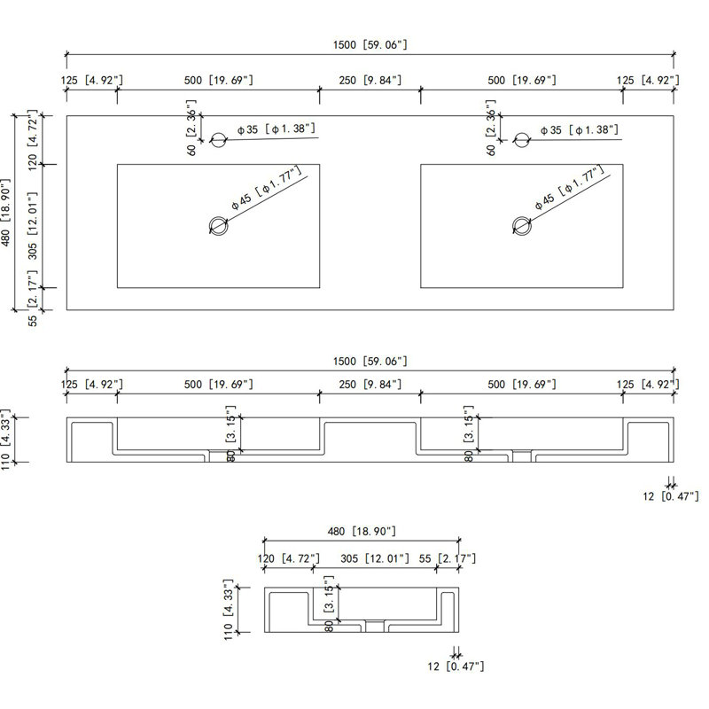 Meuble-lavabo de salle de bain en résine à surface solide - 59,01 po de profondeur, 19,16 po de largeur, 4,26 po de hauteur, 71,26 lb