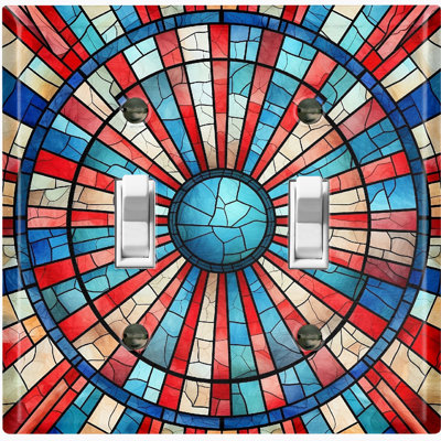Red Tile Blue Glass Shield Print Nature Themed 2 - Gang Toggle Light Switch Standard Wall Plate