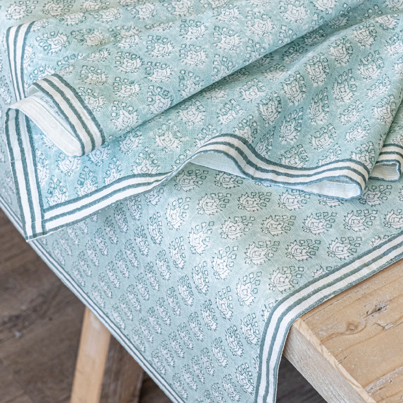 over&back Hand-Blocked Printed Cotton Table Runner, 18" W x 108" L, Blue Leaf