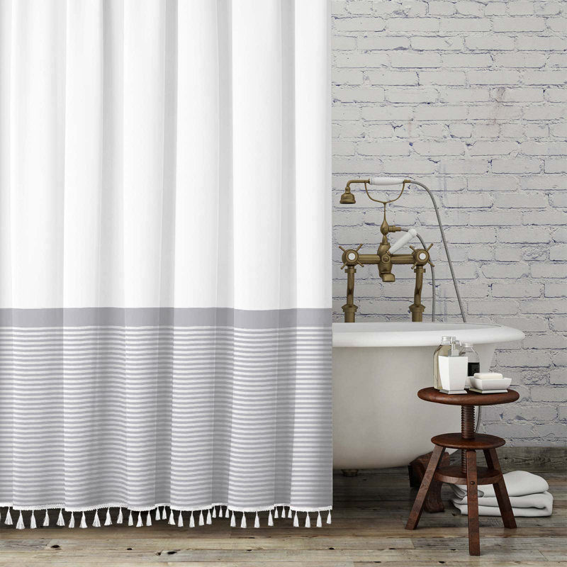Holz Striped Shower Curtain with Hooks Included, 72" x 72", Gray/White