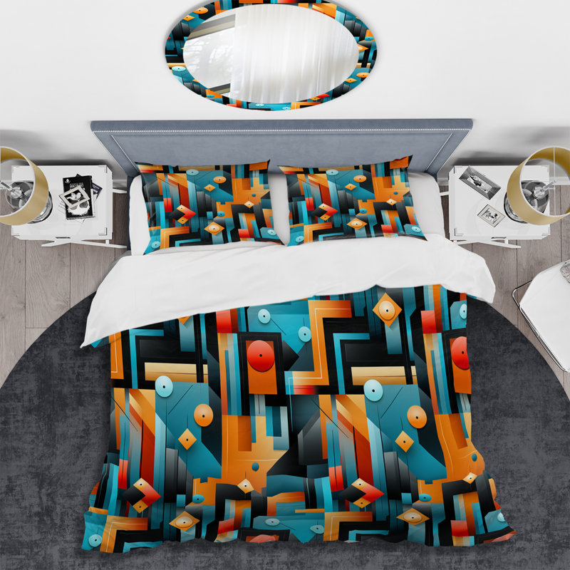 Ensemble de housse de couette en microfibre orange et turquoise, Housse de couette simple + 1 taie décorative stan