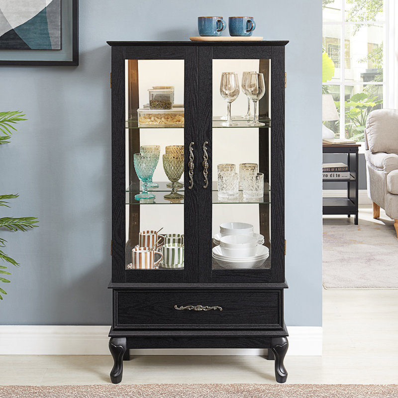Vitrine lumineuse avec portes en verre et tablettes réglables, armoire à vin 2 portes, armoire d'appoint