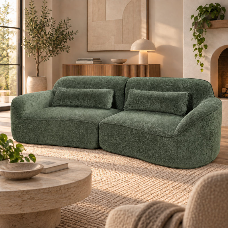 Canapé incurvé moderne de 242 cm avec méridienne, ensemble de 2 pièces en mousse verte, entièrement assemblé