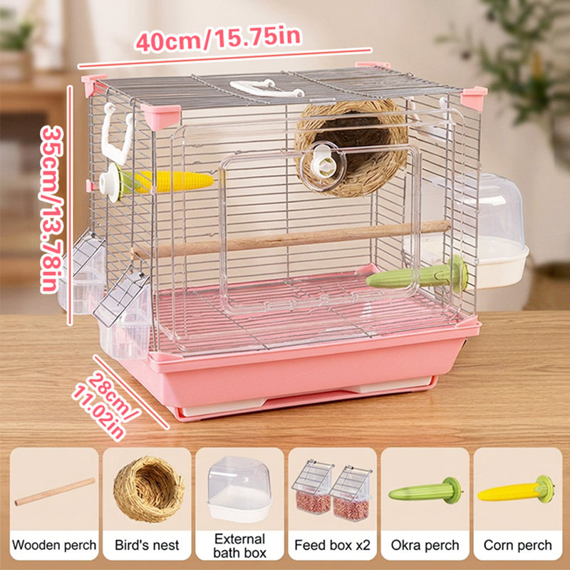 Cage à oiseaux avec accessoires complets, cage en fil de fer avec nid, bac à bain, perchoirs et mangeoires, petit habitat portable pour perruches ondulées, inséparables et autres oiseaux de compagnie, pour une utilisation en intérieur.