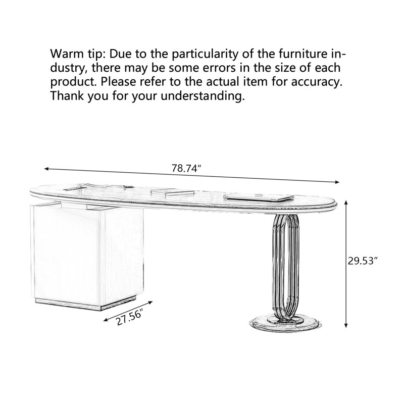 Bureau incurvé moderne en bois massif avec tiroirs et finition laquée Modern, H 29,53 po x l 78,74 po x P 27,56 po