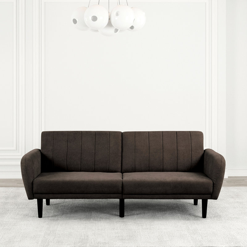 Brown, Modern, Futon , Iron Leg Back Support, Converting To Bed, Fabric, Channeled Back, Pocket Coil Mid - Century Soft Track Arm, Coil, Converts Bed