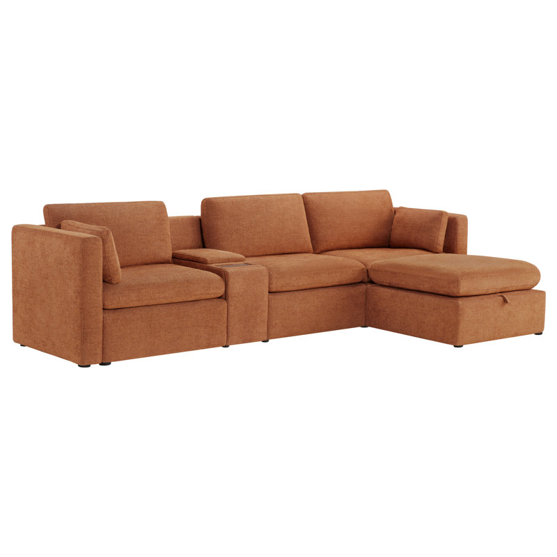 Winfree 4- Piece Upholstered Sectional With Console, Terracotta Polyester