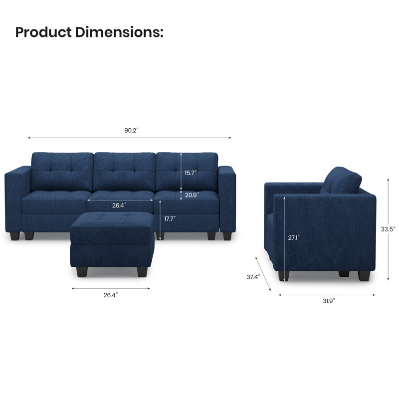 Ensemble de canapé modulaire en lin 3 pièces Ayden Hunsicker, Bleu
