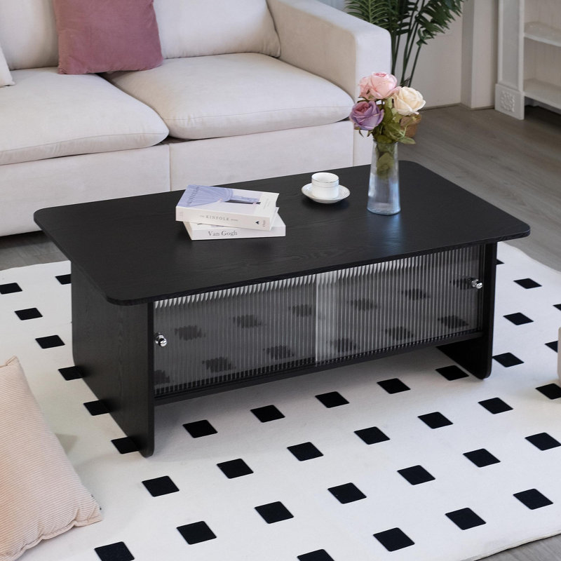 Table basse rectangulaire moderne minimaliste de 47 po avec porte coulissante en verre, idéale pour le salon, la chambre à coucher, le bureau, facile à assembler, noir