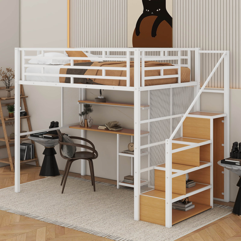 Lit mezzanine double en métal avec garde-robe, bureau et tablettes de rangement, Blanc