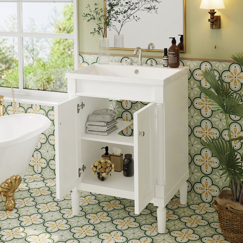 Meuble-lavabo 24 po avec lavabo supérieur, meuble de rangement moderne à 2 niveaux, meuble-lavabo simple, grandes tablettes de rangement (Remplacer SW000102AAF)