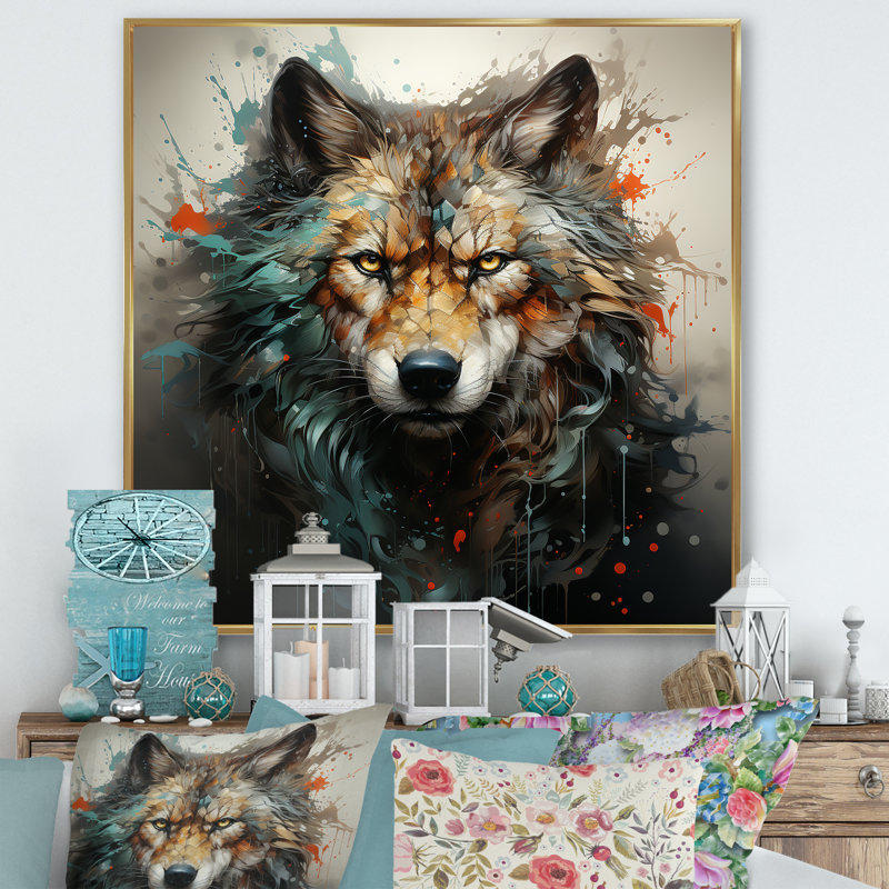 Portrait de loup solitude I - loup, art mural, H 16 po x l 16 po x P 1 po, Cadre flottant doré