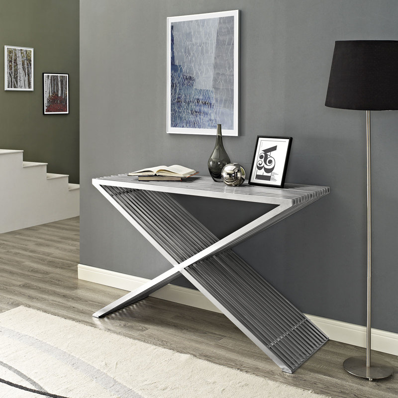 Silver Stainless Steel X-Base Contemporary Console Table