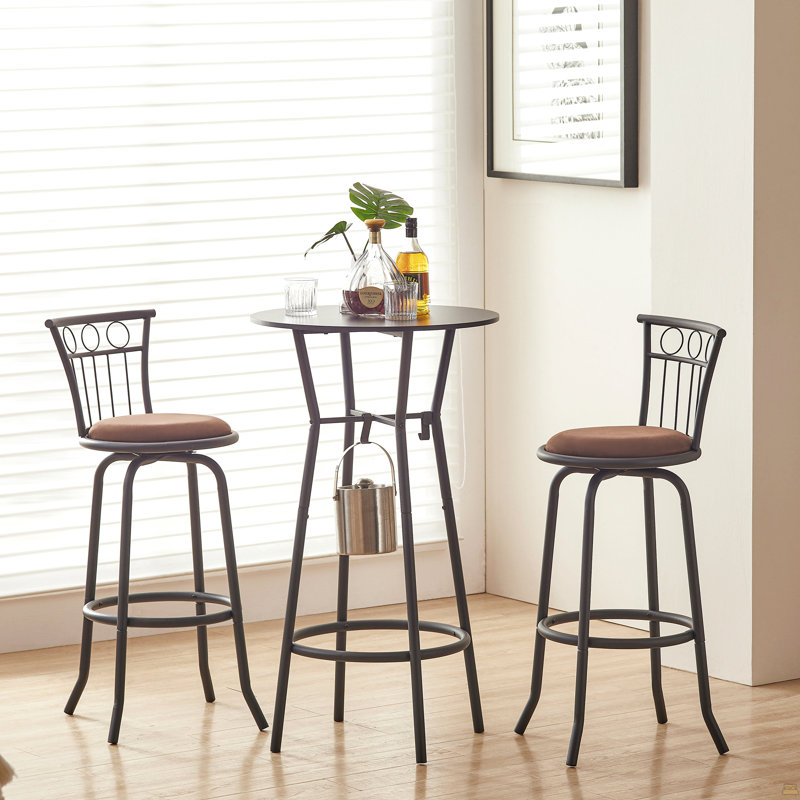 3 Bar Table And Chairs Set For Dining Room Industrial Counter Height Bar Chairs With Metal Back, Fabric Seat
