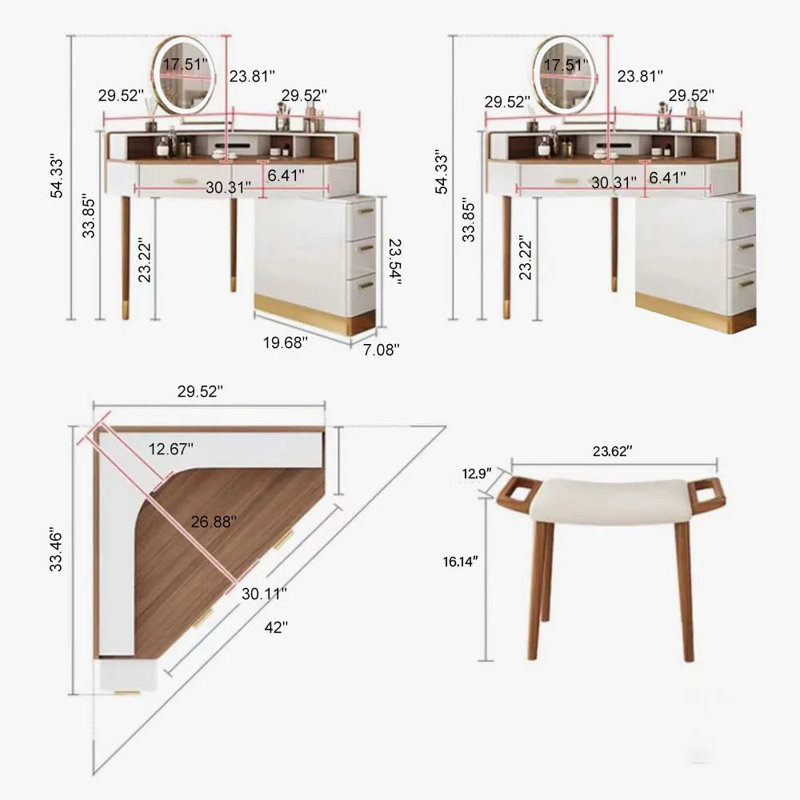 Coiffeuse de coin moderne avec miroir à DEL Berrydale