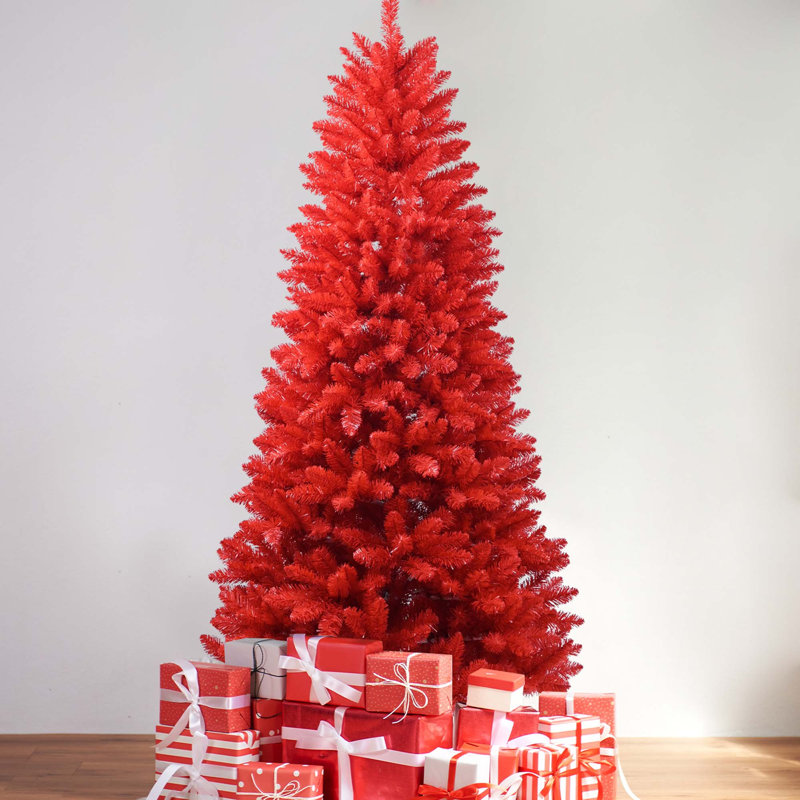Arbre de Noël en PVC pur rouge avec branches articulées et support en métal stable, 7'