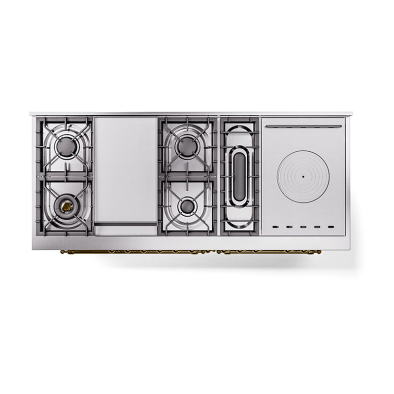 ILVE Nostalgie II Series Noblesse 60 inch Dual Fuel Range with 7 Sealed Burners, Griddle, Frenchtop (Glass Door), Brass