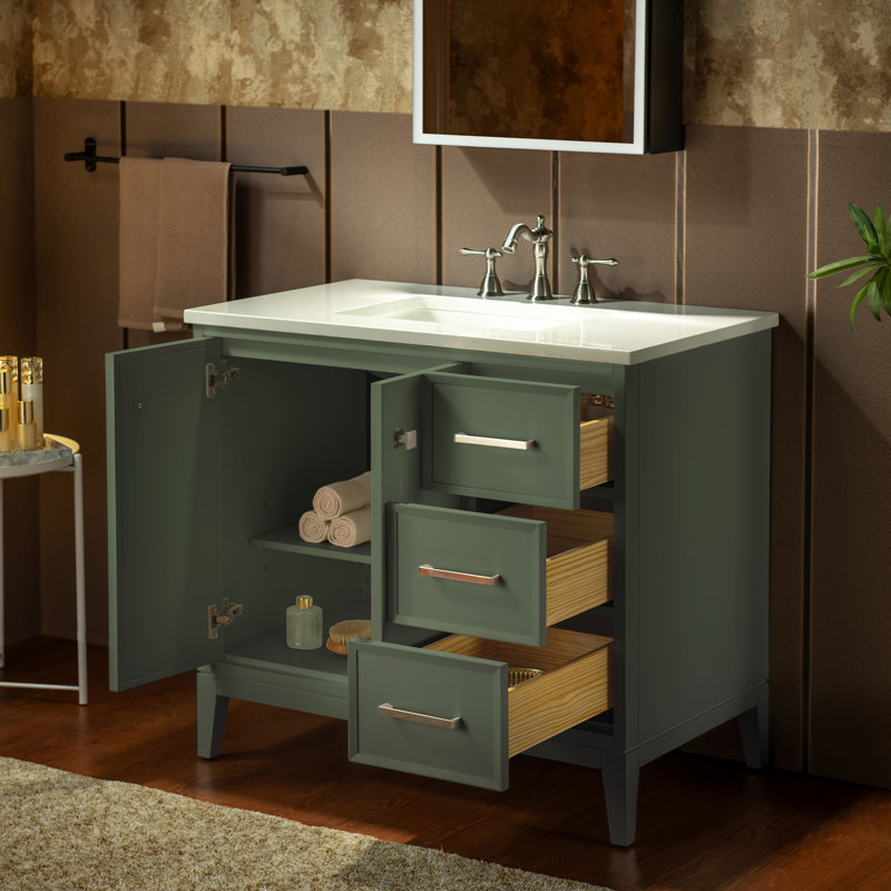37“ Bathroom Vanity – Sink with Engineered Stone Top, Pre-drilled for Widespread Faucets, Solid Wood Frame & Drawers, Fully Assembled and Ready for Installation