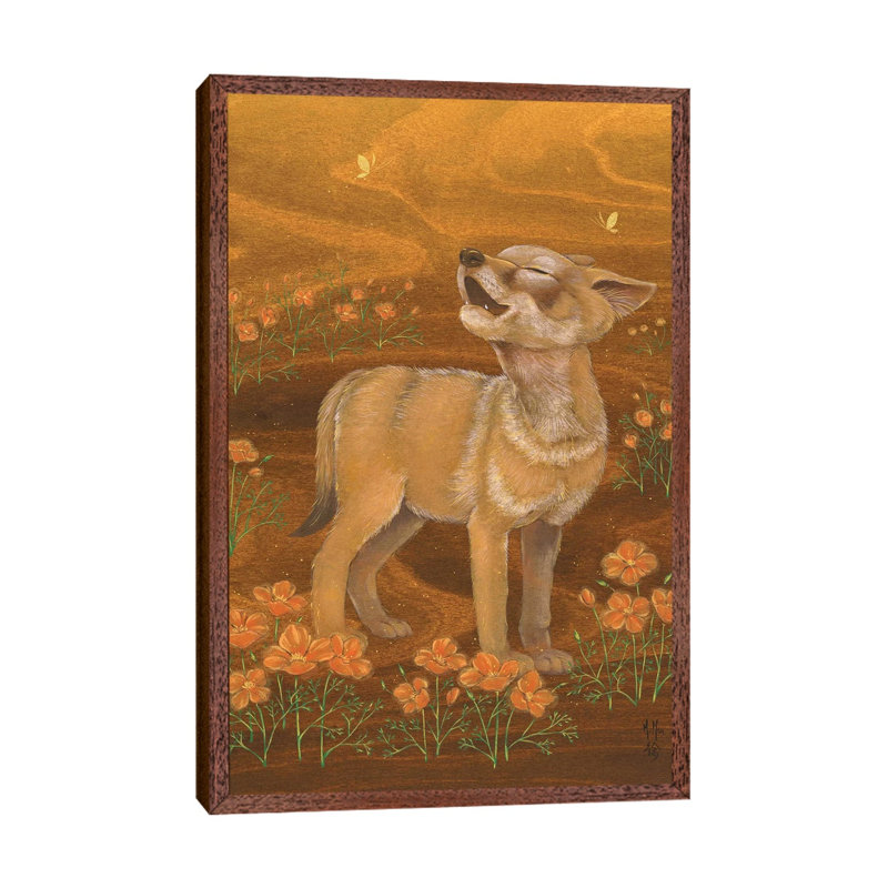 Coyote And Poppies by Martin Hsu - Painting on Canvas, Classic Brown Wood Framed, 66.04 cm H x 45.72 cm W