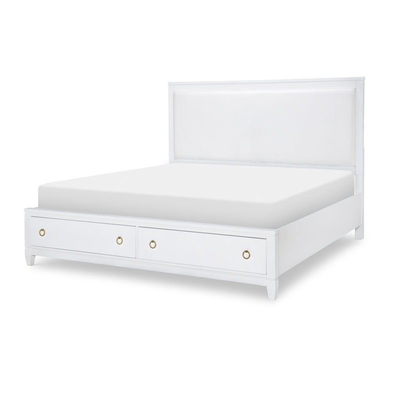 White Queen Upholstered Storage Bed with Headboard and Drawers