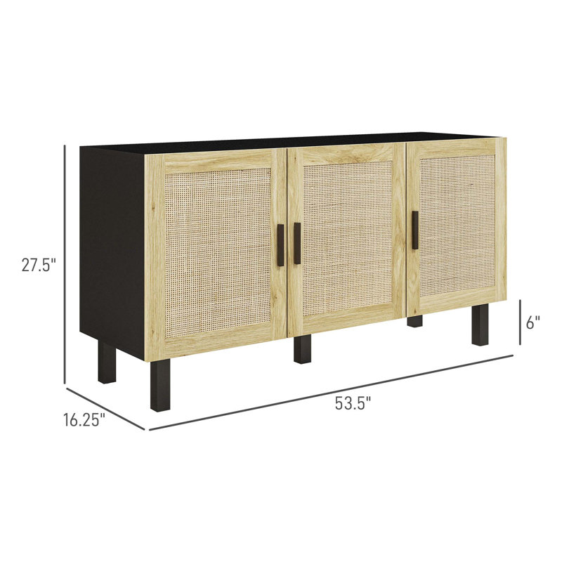 Cabinet with 3 Rattan Doors and Adjustable Shelves, Black/Natural