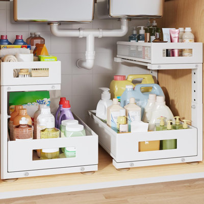 Ensemble de 2 rangement sous l'évier - Blanc - Grandes tablettes coulissantes en maille à 2 niveaux, hauteur réglable en L pour les armoires de cuisine et de salle de bain