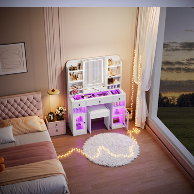 43.2"W Glasstop Tata With Stool, LED Mirror And Adjustable Lights & Power Strip,RGB Glass Light Cabinets, 3 Drawers ,Storage Shelves For Women Girls