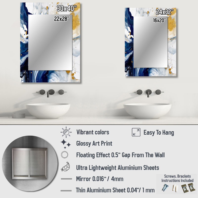 Hulste Dark Blue and Gold Strokes XXIII - Fractals Decorative Wall Mirror, Blue Mirror, Printed Metal Art, 32" x 24"
