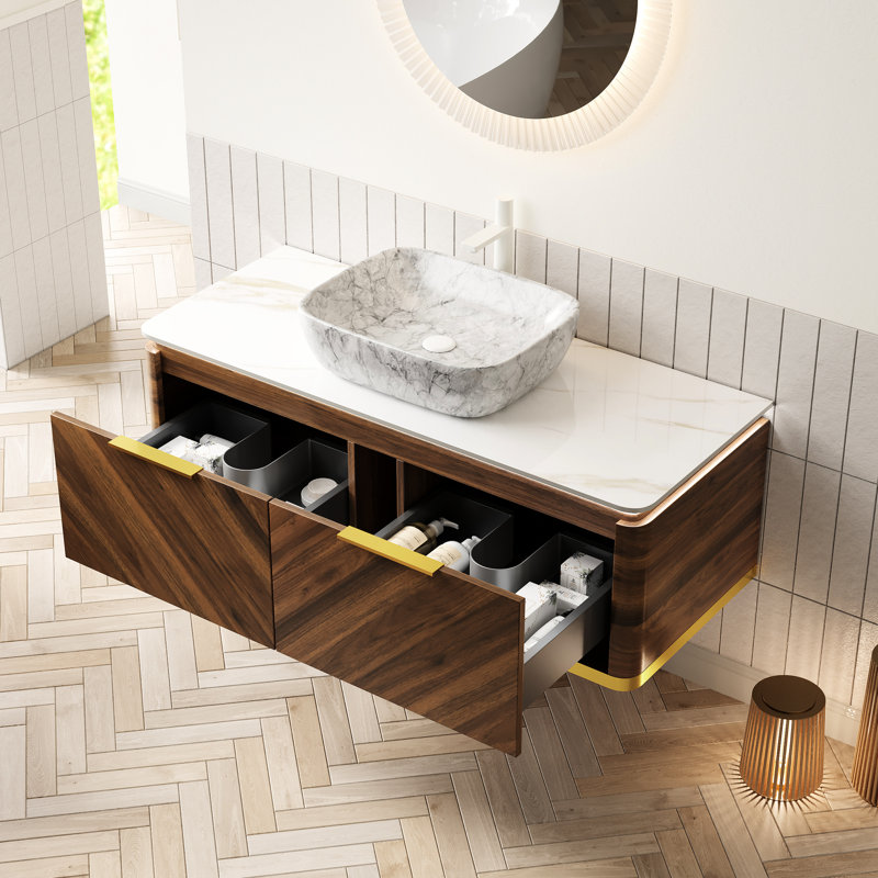 Meuble-lavabo flottant en contreplaqué de 48 po avec poignées, bande à DEL à détection automatique et capteur en noyer foncé à haute dureté