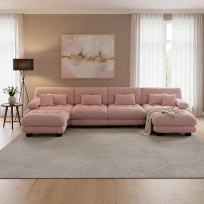 Canapé modulaire en forme de U en chenille rose à 4 places avec 2 tabourets confortables