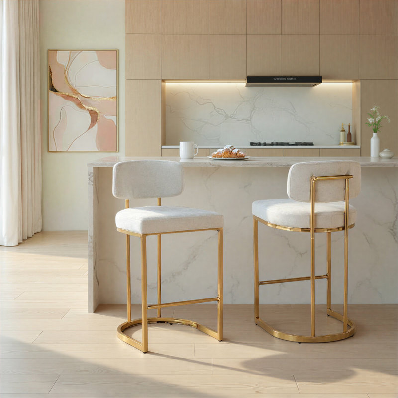 Tabouret de bar à hauteur fixe en métal doré et tissu crème - Ensemble de 2