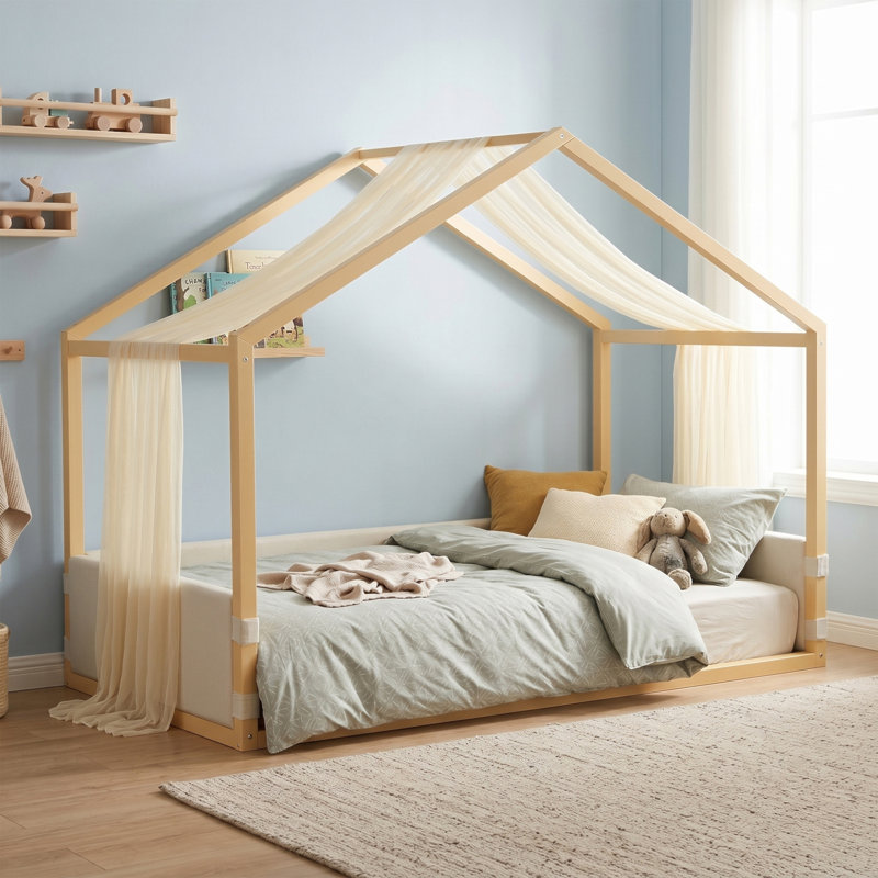 Lit simple à baldaquin avec panneaux latéraux rembourrés en velours, auvent en gaze respirante, base de lit plateforme à rembourrage doux, lit moderne à assemblage facile pour la chambre à coucher, chambre d'amis