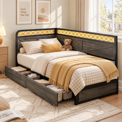 Daybed with 2 Storage Drawers, Corner Bed Frame with Charging Station and LED Lights, Heavy Duty Bed Frame Easy Assembly, No Box Spring Needed