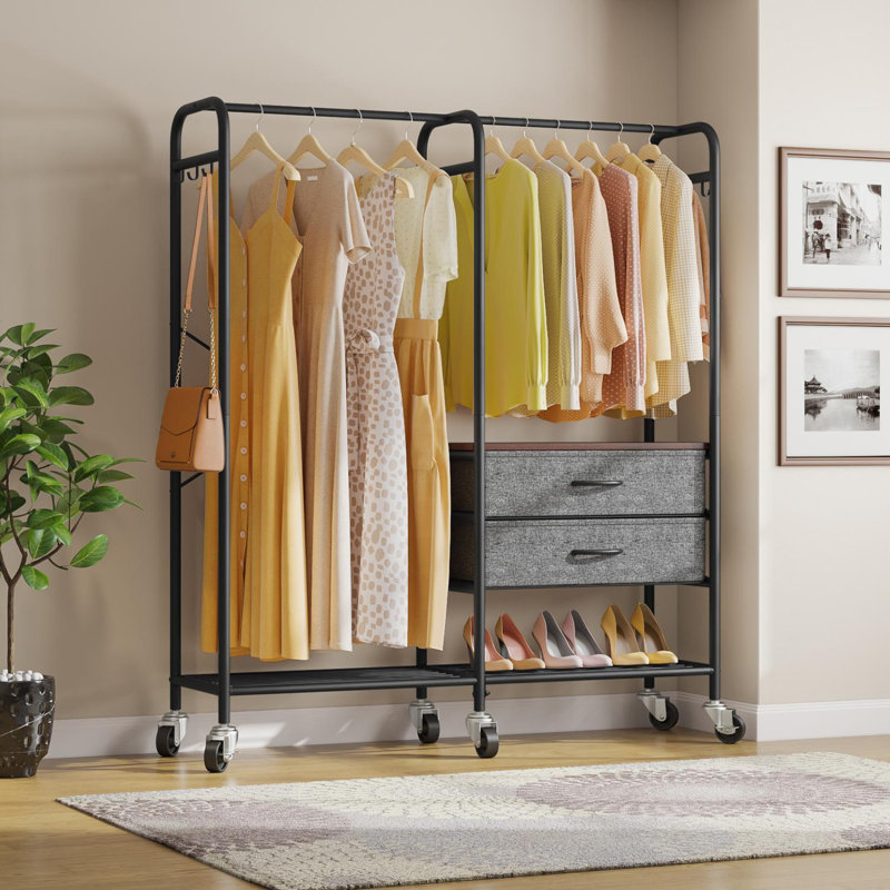 Black Metal Freestanding Clothes Rack with Fabric Drawers