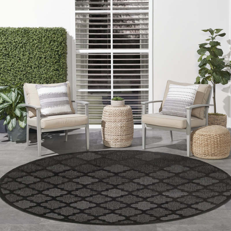 Adianey Red Barrel Studio Easy Care Trellis Charcoal/Black Indoor/Outdoor Area Rug, Round 8'