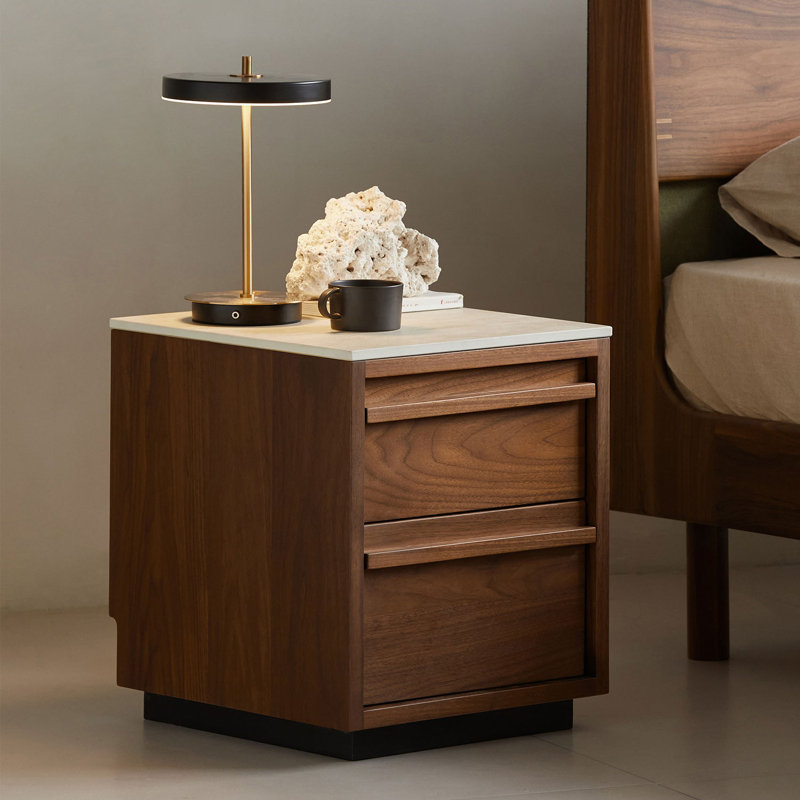 Table de chevet rétro en noyer avec plateau en pierre et 2 tiroirs - Armoire de rangement élégante