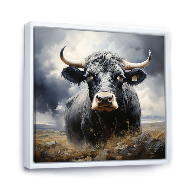Vache broutant les prés - Art mural animal de vache, Cadre flottant blanc, H 36 po x l 36 po x P 1,5 po