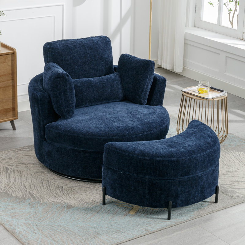 Navy Chenille Swivel Barrel Chair with Ottoman