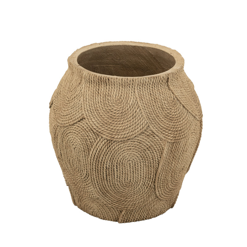 14.8" H x 15" W x 15" D Round Sand And Cement Planter With Woven Brown Texture, 14.8" H x 15" W x 15" D