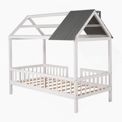 Lit simple en bois avec clôture, blanc et gris