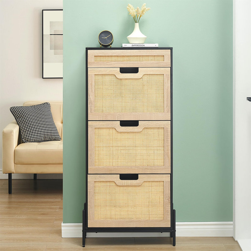 16 Pair Shoe Storage Cabinet, Black/Natural Wood
