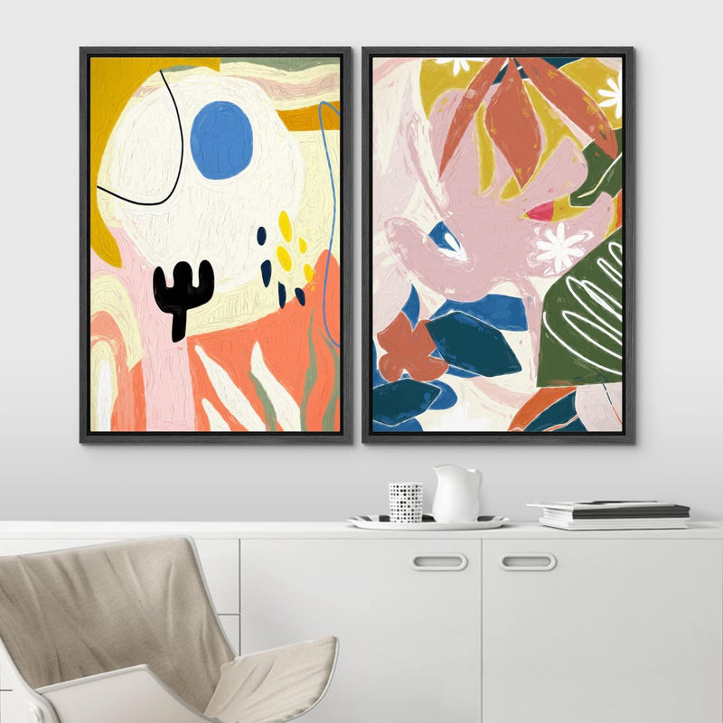 Illustration de formes abstraites de jardin de fleurs Mid-Century, Noir, H 36 po x l 48 po